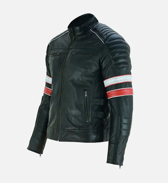 Men’s Red and White Striped Cafe Racer Leather Jacket