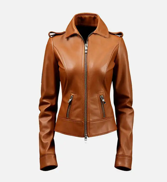 Slim fit Women Brown Leather Jacket