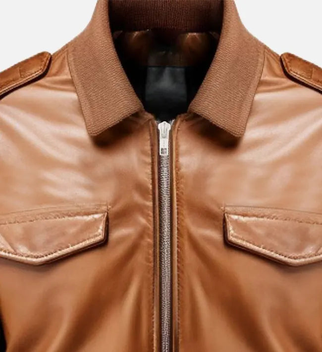 Men's Brown Strap Pockets Bomber Leather Jacket