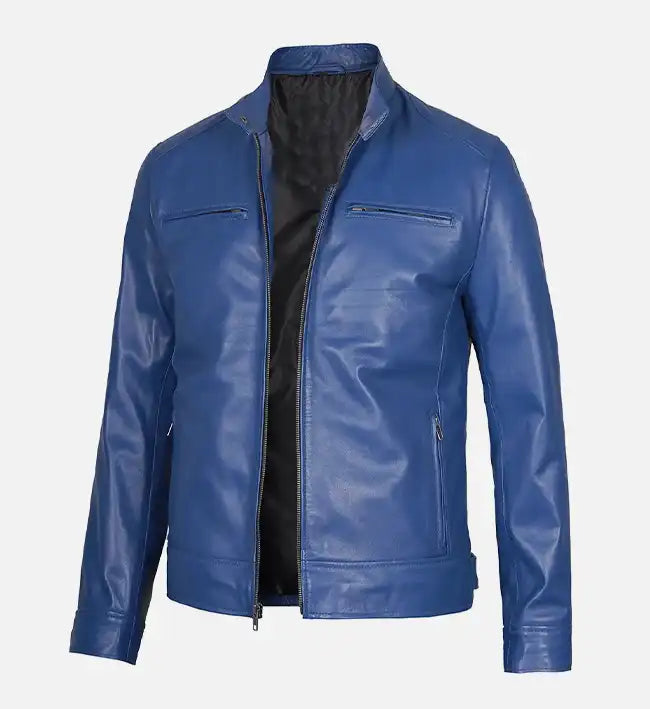 Stylish Slim Fit Men’s Blue Leather Jacket