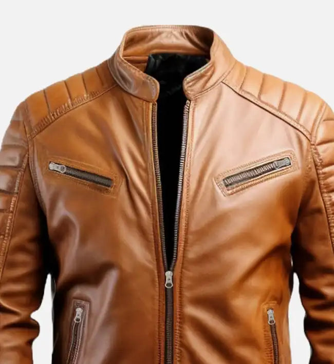 Men's Tan Leather Cafe Racer Jacket