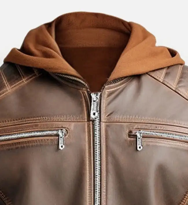 Men's Voguish Brown Detachable Hooded Leather Jacket