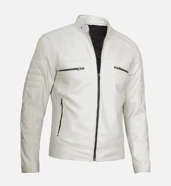 Men's Cafe Racer White Leather Jacket