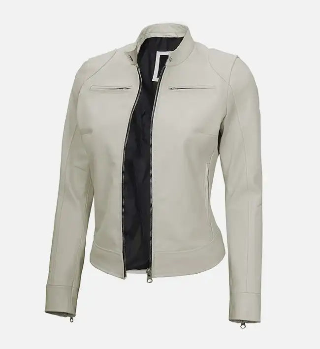 Women's White Leather Cafe Racer Jacket