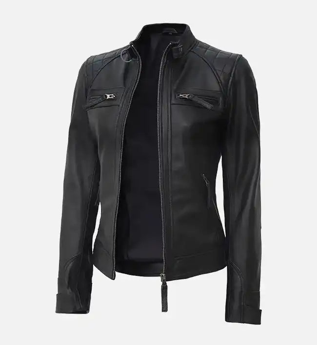 Women’s Black Quilted Cafe Racer Leather Jacket