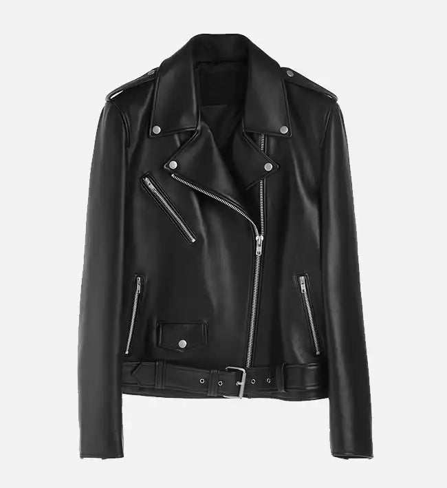 Women's Classic Belted Black Biker Leather Jacket