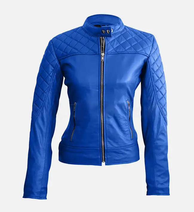 Women Blue Quilted Stylish Premium Leather Jacket