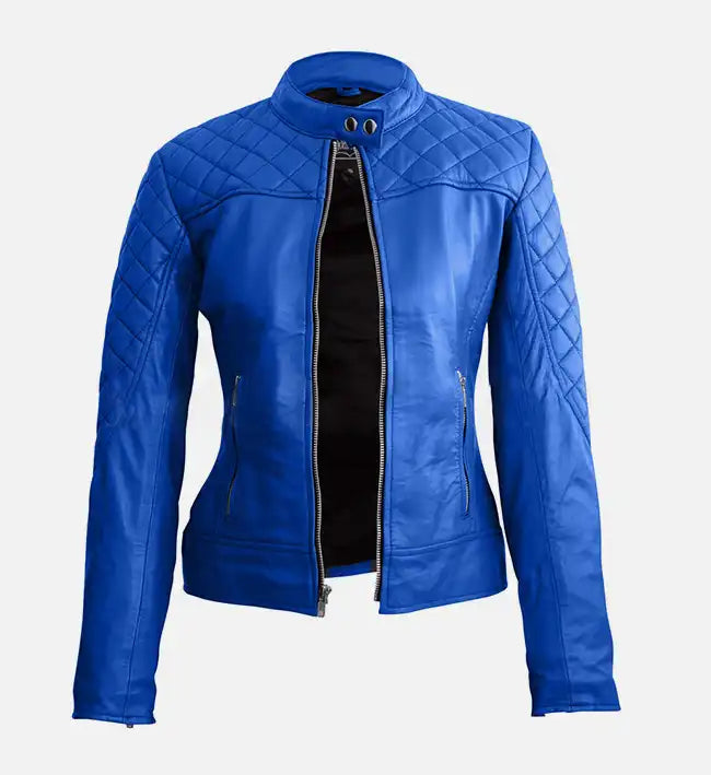 Women Blue Quilted Stylish Premium Leather Jacket