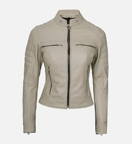 Women’s Beige Cafe Racer Leather Jacket