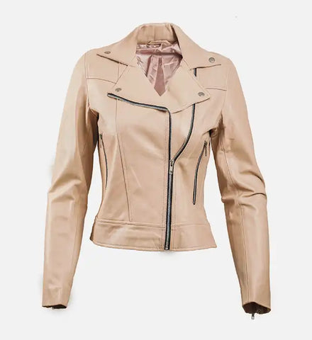 Women’s Beige Leather Biker Jacket