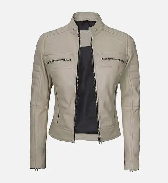 Women’s Beige Cafe Racer Leather Jacket