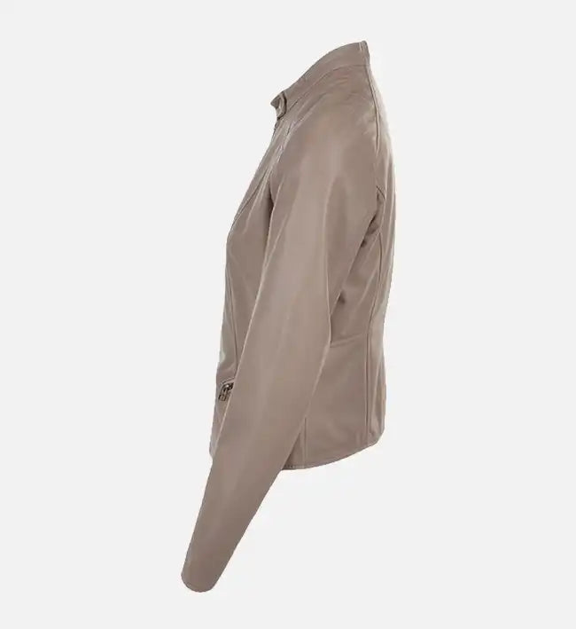 Women’s Simple Moto Beige Leather Jacket