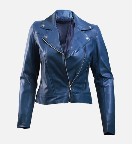 Women’s Blue Leather Biker Jacket