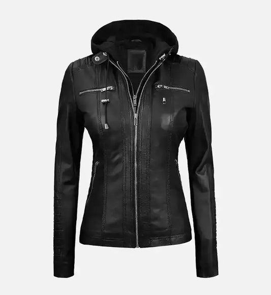 Women’s Black Leather Jacket With Removable Hood