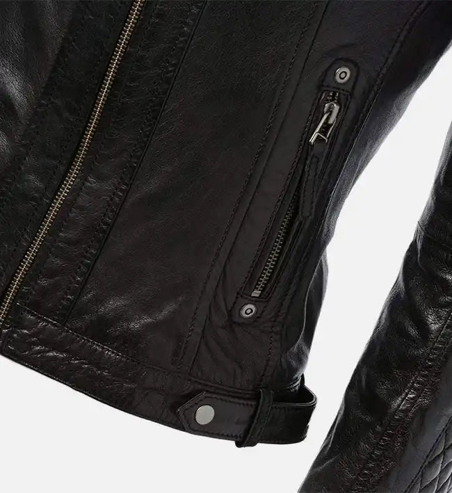 Women’s Short Quilted Shoulder Black Leather Jacket