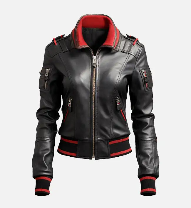 Women’s Black & Red Bomber Leather Jacket