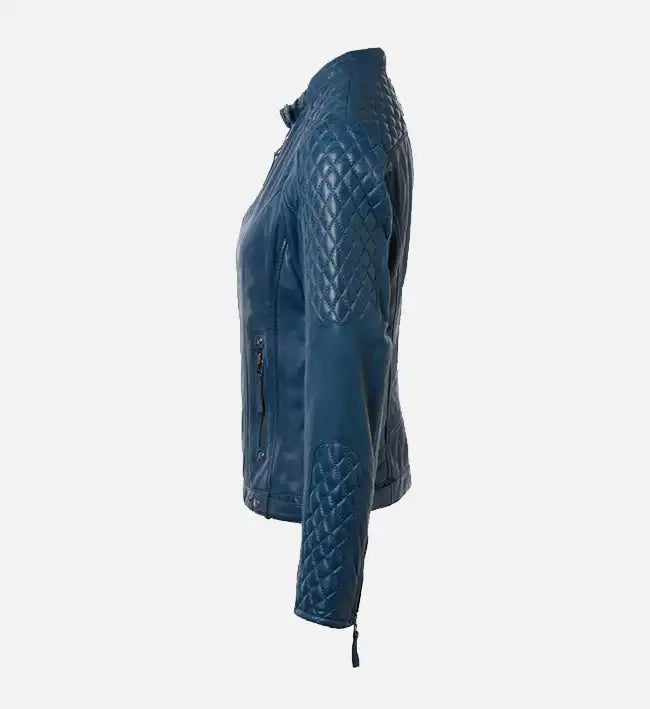 Women’s Short Quilted Shoulder Blue Leather Jacket