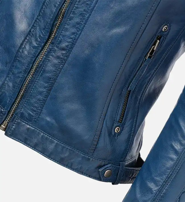 Women’s Short Quilted Shoulder Blue Leather Jacket