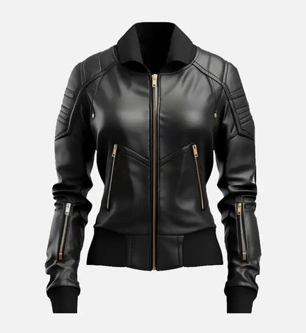 Women’s Black Leather Bomber Jacket