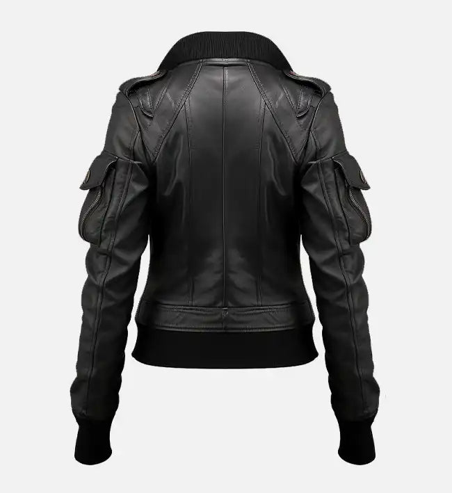 Women’s Black Leather Bomber Jacket