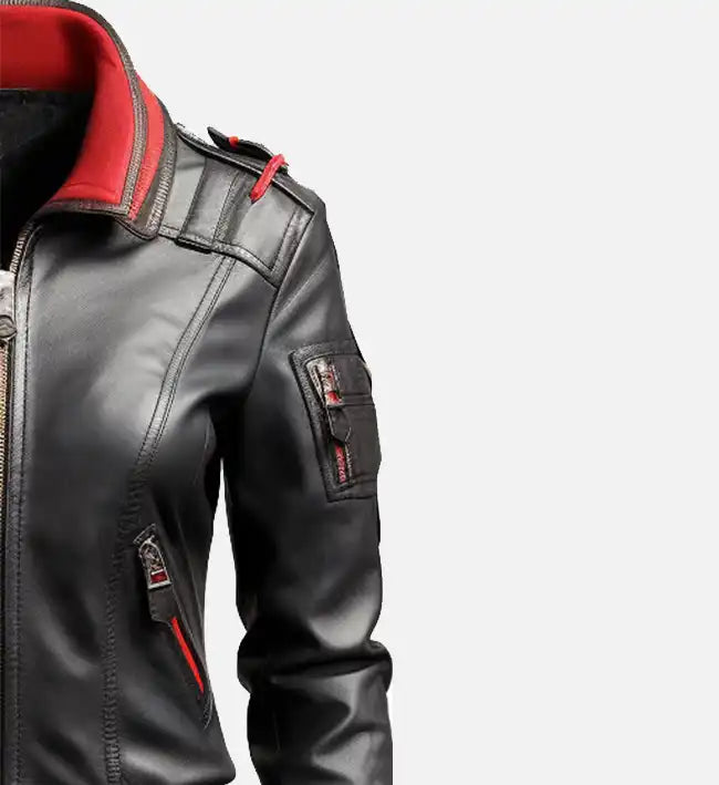 Women’s Black & Red Bomber Leather Jacket