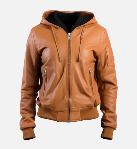 Women's Brown Leather Jacket With Hood