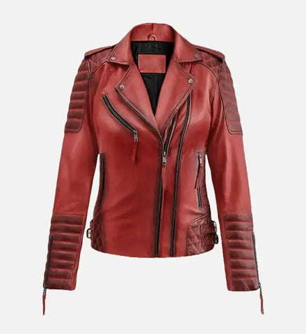 Women's Burnt Red Biker Leather Jacket