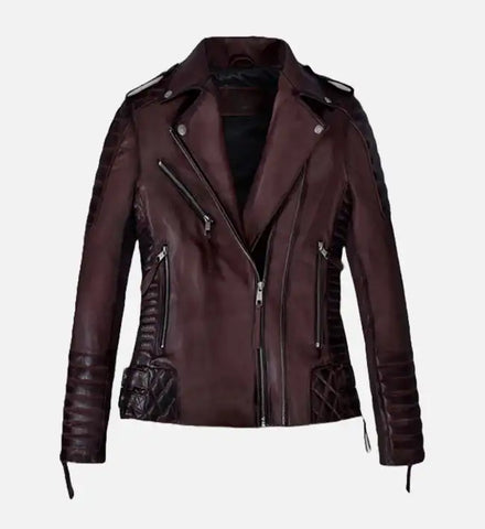 Women's Burnt Wine Biker Leather Jacket