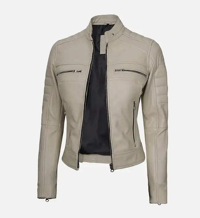 Women’s Beige Cafe Racer Leather Jacket