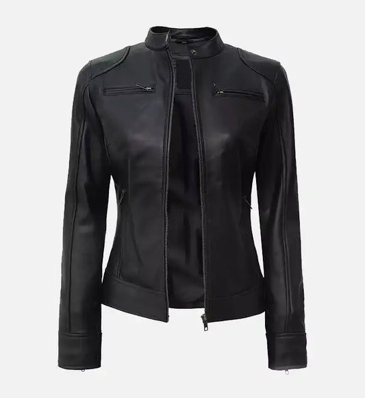 Women’s Black Cafe Racer Real Leather Jacket