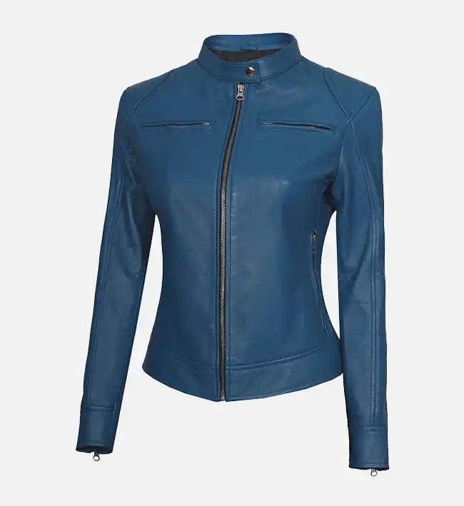 Women’s Blue Cafe Racer Leather Jacket