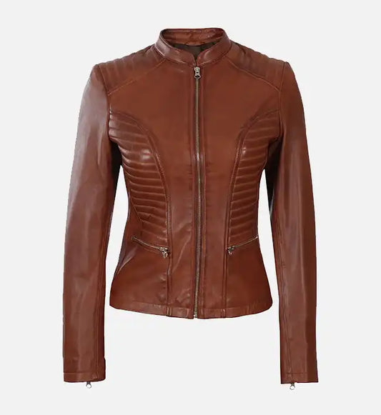 Women's Cognac Wax Cafe Racer Leather Jacket