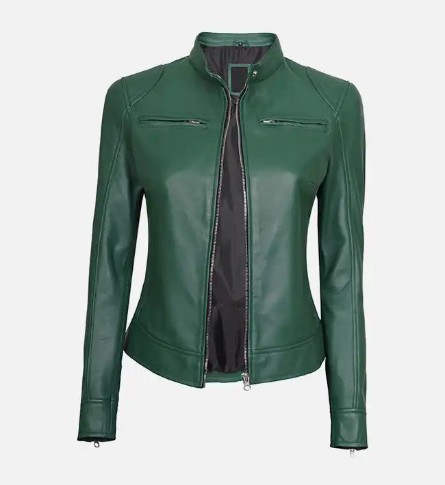 Women's Dodge Green Cafe Racer Leather Jacket