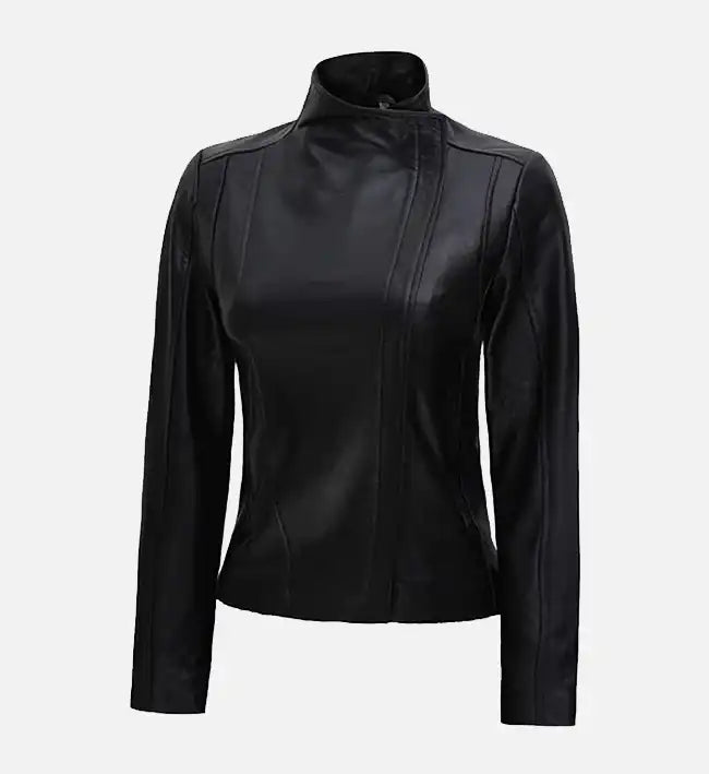 Women’s Black Flap Closure Cafe Racer Leather Jacket