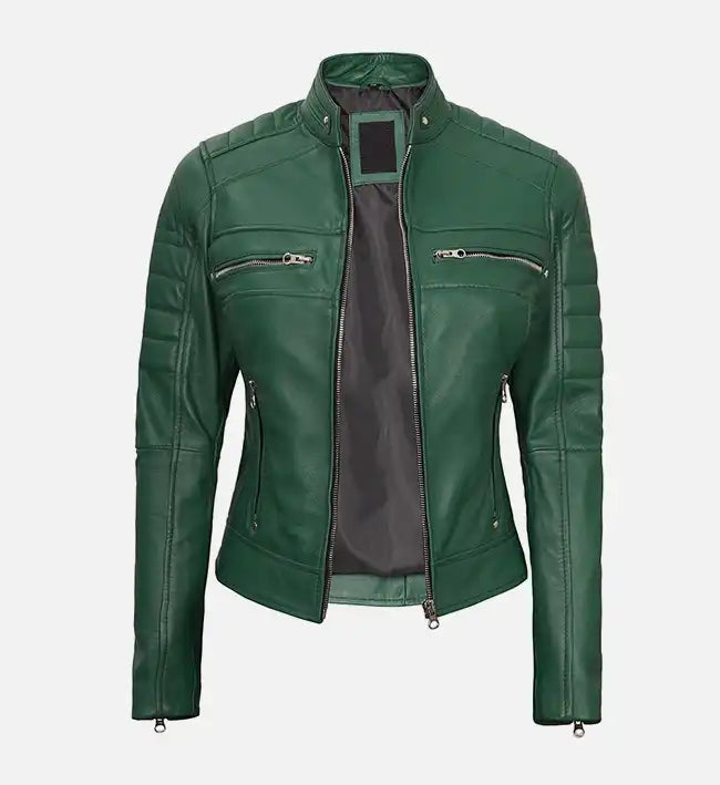 Women's Green Leather Cafe Racer Biker Jacket