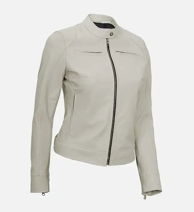 Women's White Leather Cafe Racer Jacket