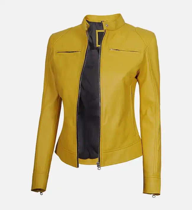 Women's Yellow Cafe Racer Leather Jacket