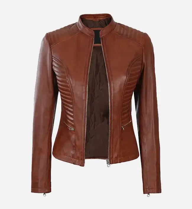 Women's Cognac Wax Cafe Racer Leather Jacket