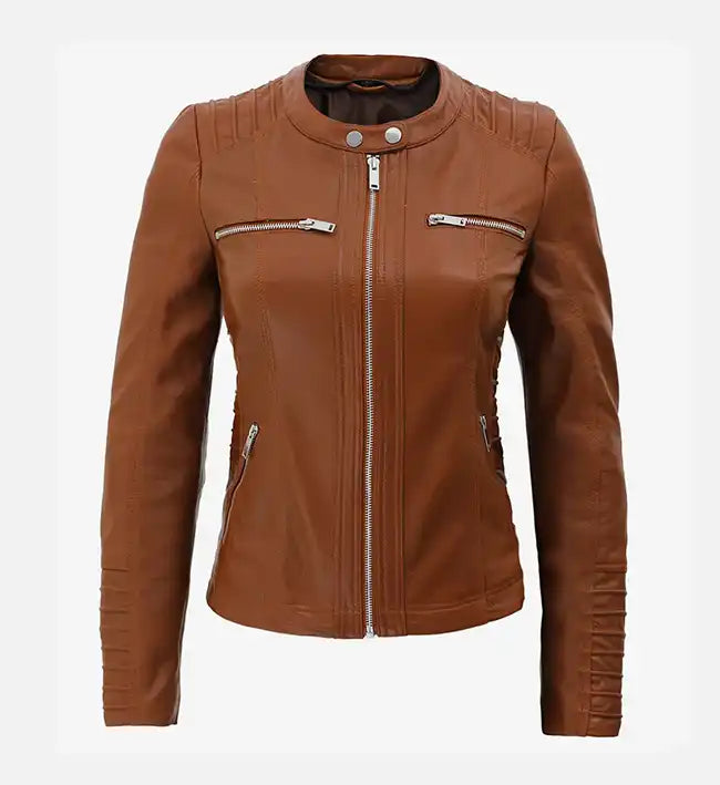 Women's Cognac Slim Fit Leather Jacket With Removable Hood