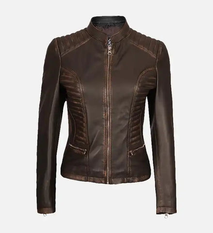 Women's Dark Brown Cafe Racer Biker Jacket