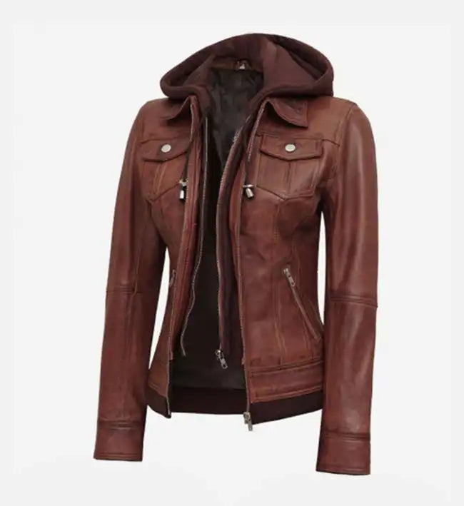 Women's Dark Brown Leather Jacket With Removable Hood