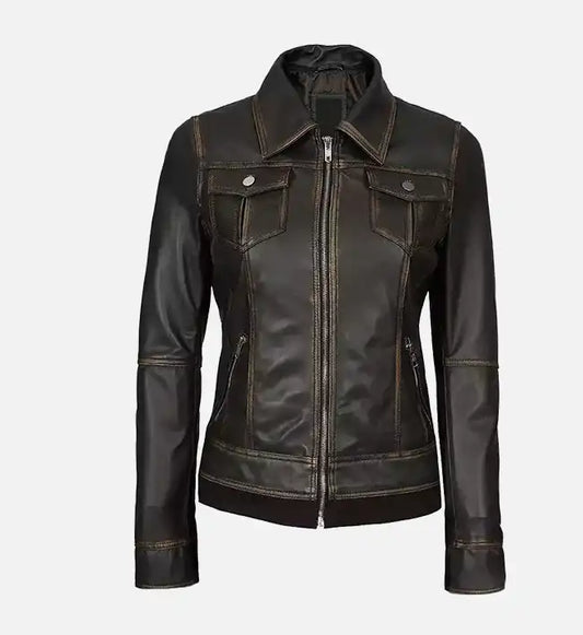 Women's Dark Brown Leather Jacket With Hood