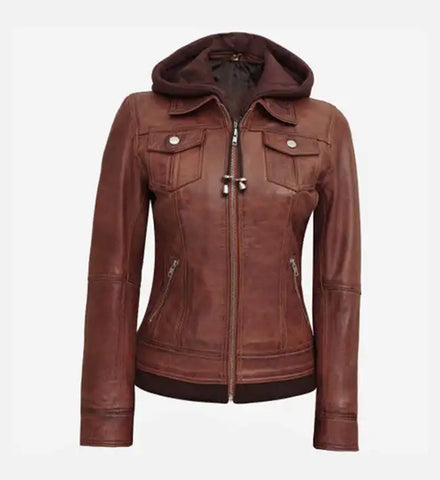 Women's Dark Brown Leather Jacket With Removable Hood