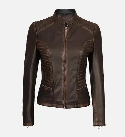 Women's Dark Brown Rub-off Cafe Racer Leather Jacket