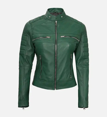 Women's Green Leather Cafe Racer Biker Jacket