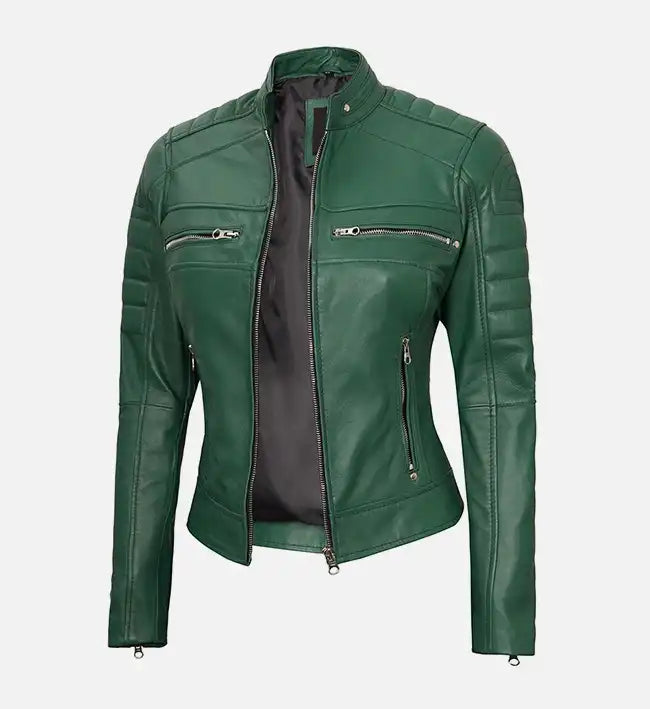 Women's Green Leather Cafe Racer Biker Jacket