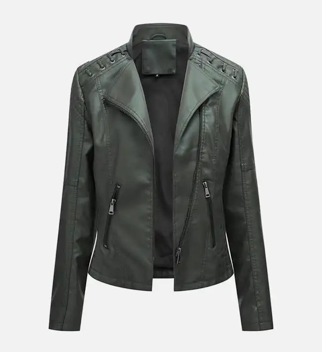 Women’s Army Green Leather Moto Jacket