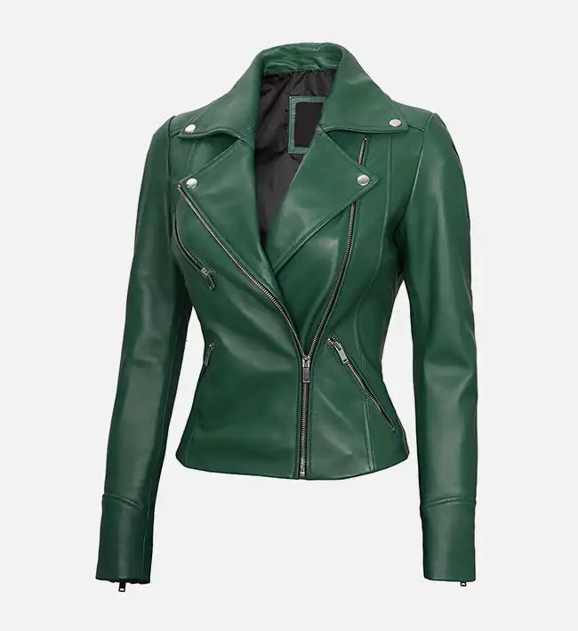 Women's Moto Style Green Leather Jacket