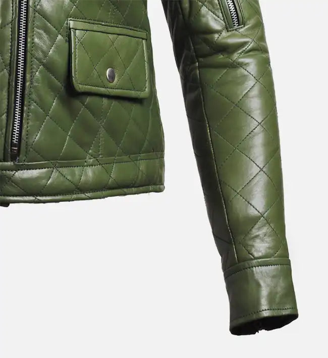 Women’s Green Leather Puffer Jacket