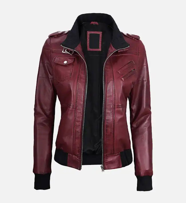 Women's Maroon Hooded Bomber Leather Jacket